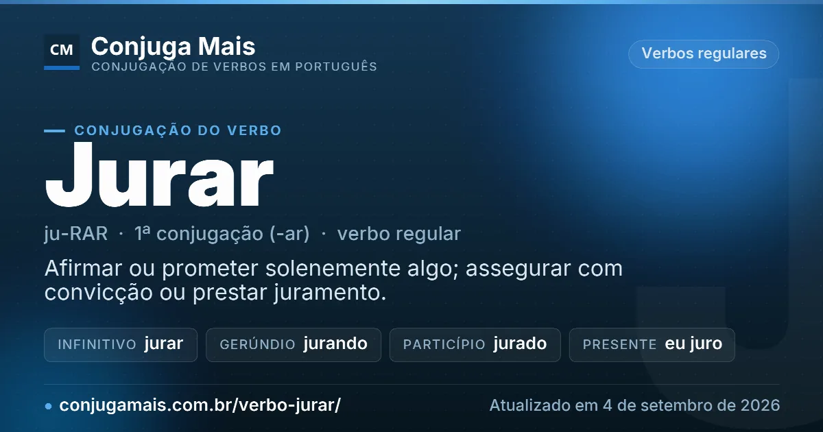 Cartão do verbo jurar com definição, formas principais, endereço da página e data de atualização.