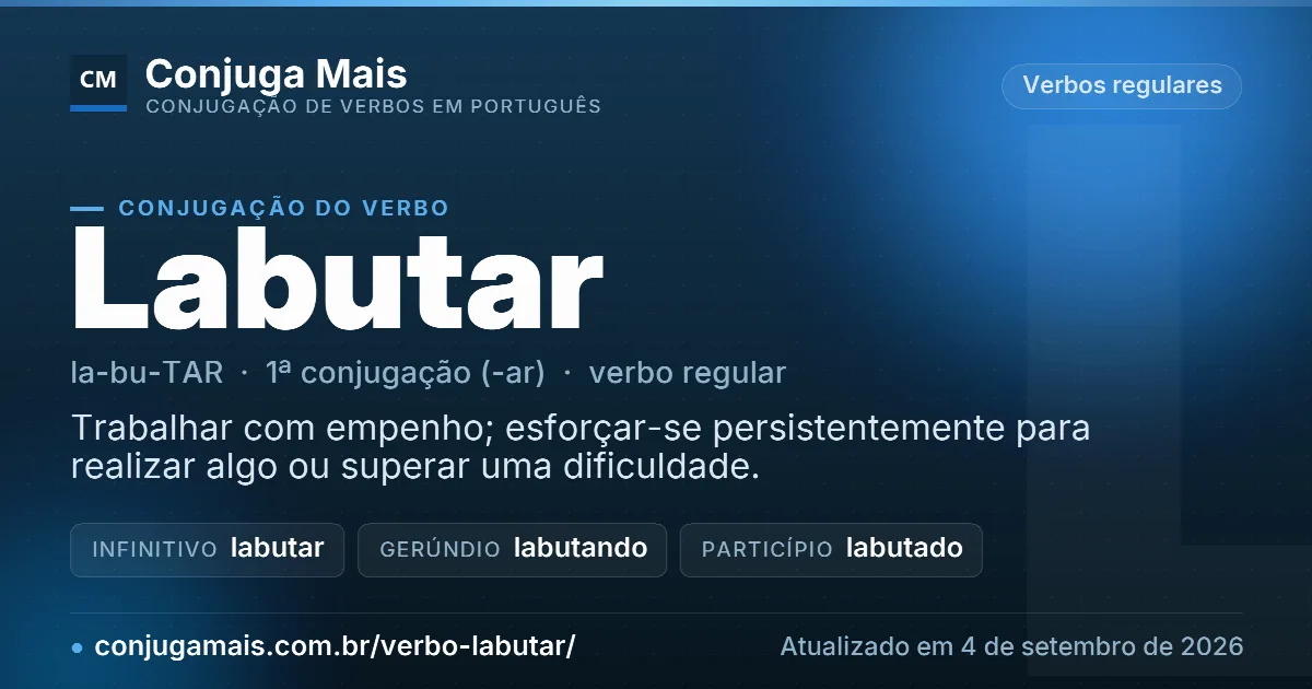 Cartão do verbo labutar com definição, formas principais, endereço da página e data de atualização.