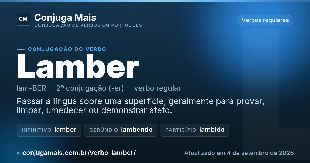 Cartão do verbo lamber com definição, formas principais, endereço da página e data de atualização.