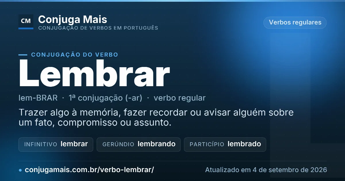 Cartão do verbo lembrar com definição, formas principais, endereço da página e data de atualização.