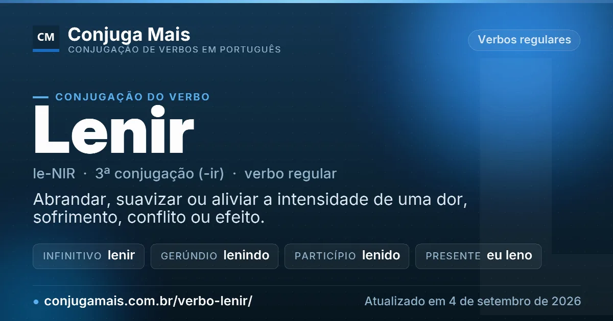 Cartão do verbo lenir com definição, formas principais, endereço da página e data de atualização.