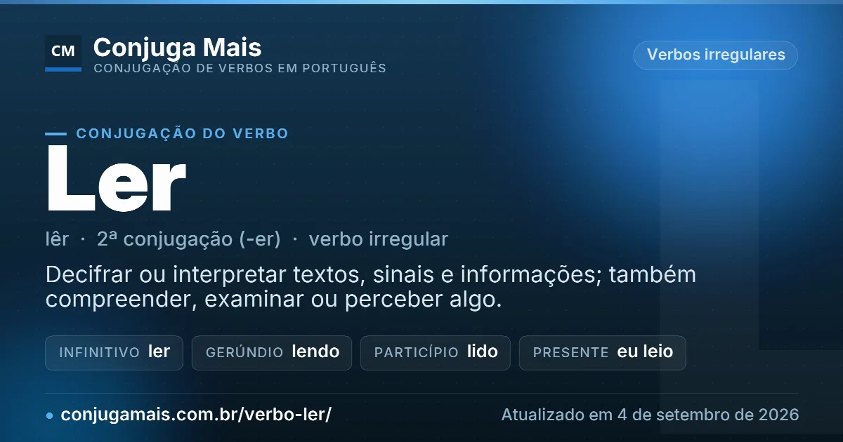 Cartão do verbo ler com definição, formas principais, endereço da página e data de atualização.