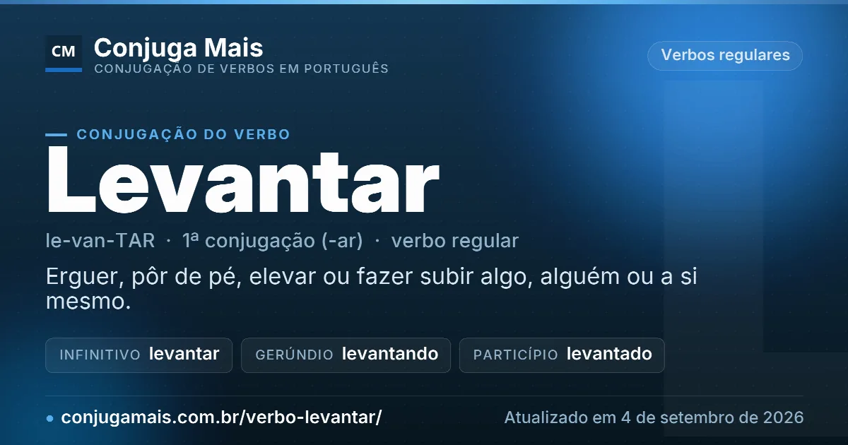 Cartão do verbo levantar com definição, formas principais, endereço da página e data de atualização.