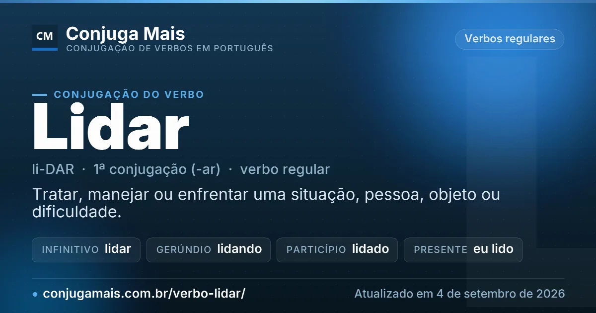 Cartão do verbo lidar com definição, formas principais, endereço da página e data de atualização.