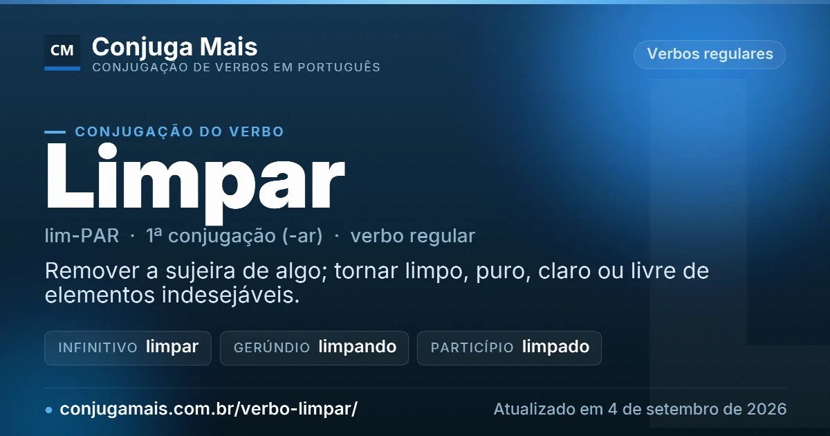 Cartão do verbo limpar com definição, formas principais, endereço da página e data de atualização.
