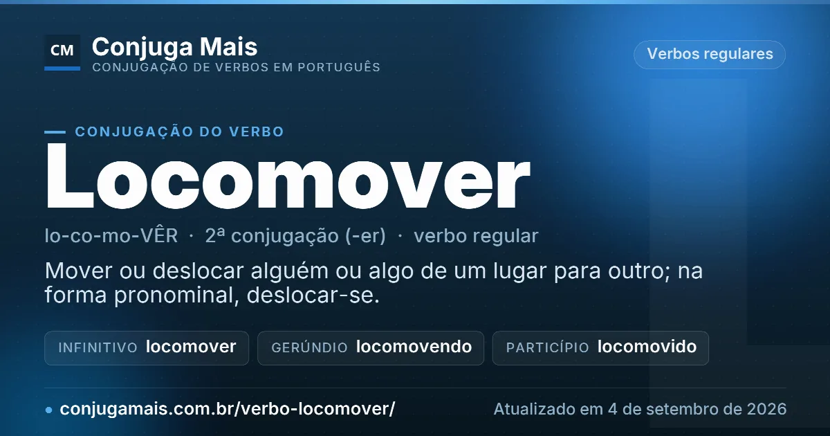 Cartão do verbo locomover com definição, formas principais, endereço da página e data de atualização.