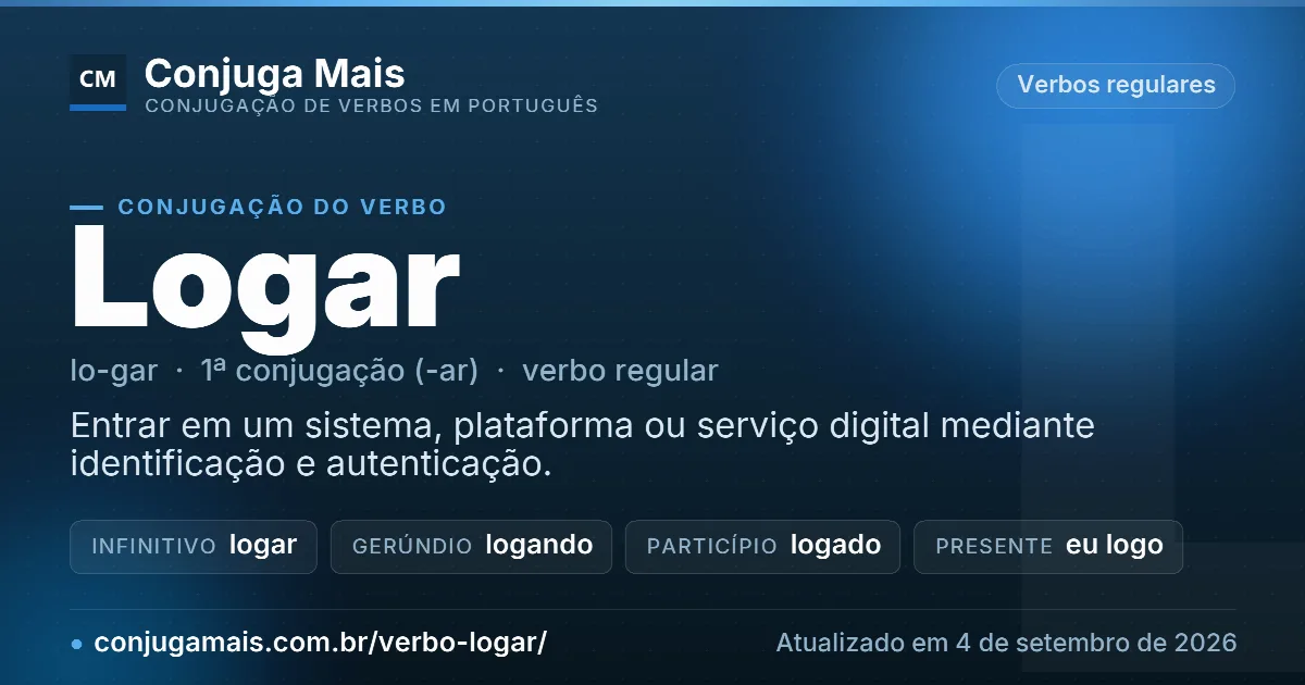 Cartão do verbo logar com definição, formas principais, endereço da página e data de atualização.