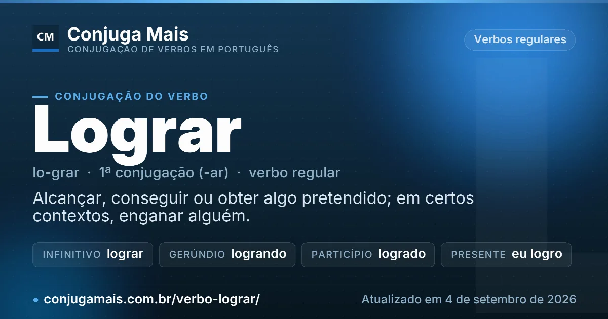 Cartão do verbo lograr com definição, formas principais, endereço da página e data de atualização.