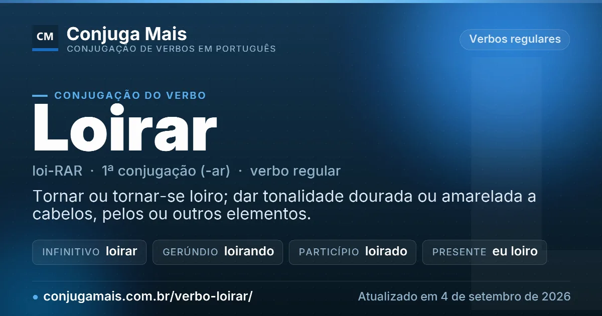 Cartão do verbo loirar com definição, formas principais, endereço da página e data de atualização.
