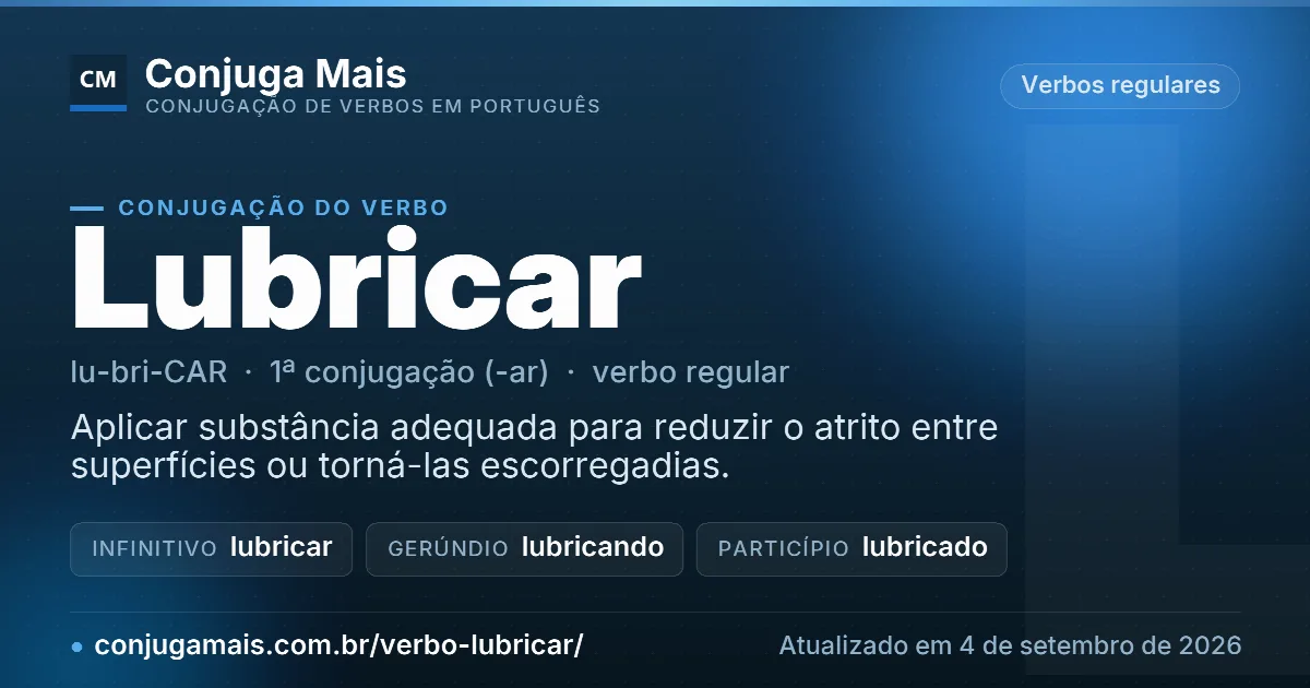 Cartão do verbo lubricar com definição, formas principais, endereço da página e data de atualização.