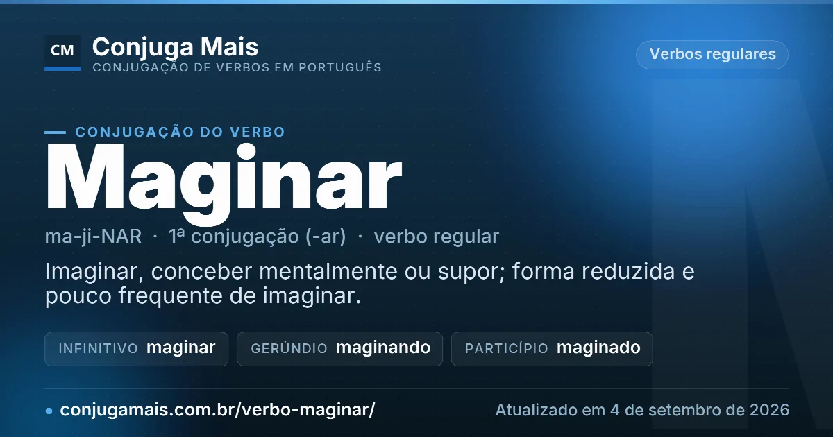 Cartão do verbo maginar com definição, formas principais, endereço da página e data de atualização.