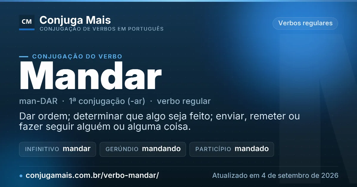 Cartão do verbo mandar com definição, formas principais, endereço da página e data de atualização.