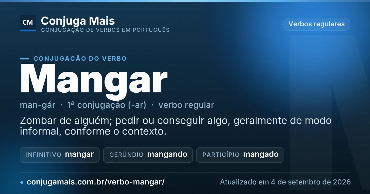 Cartão do verbo mangar com definição, formas principais, endereço da página e data de atualização.