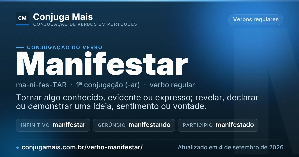 Cartão do verbo manifestar com definição, formas principais, endereço da página e data de atualização.