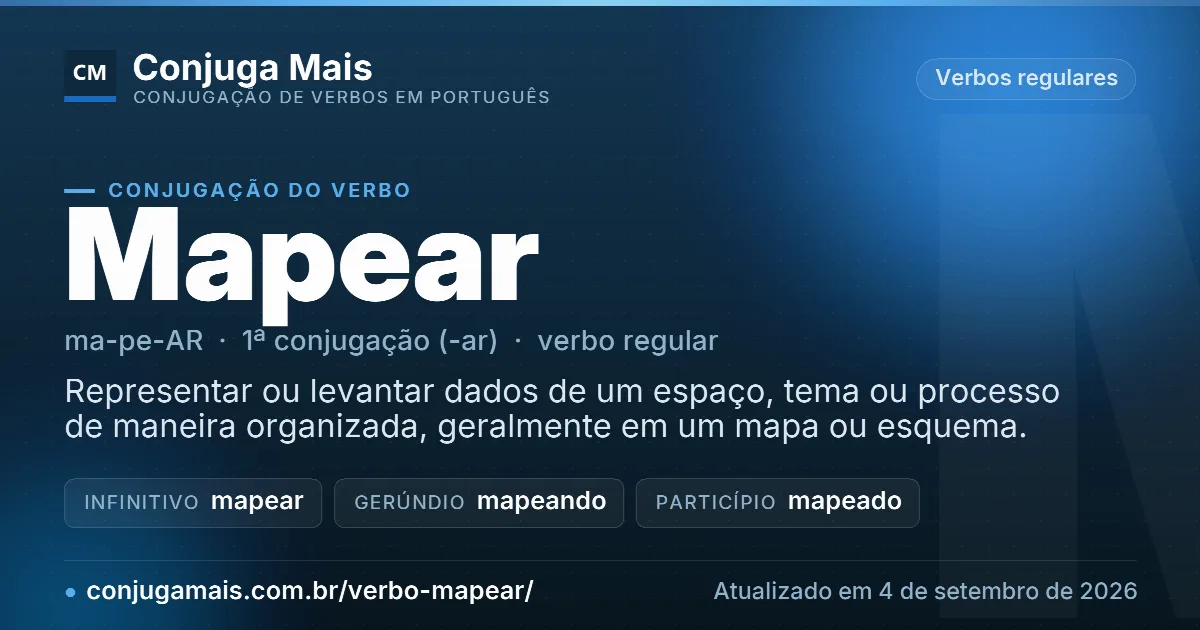 Cartão do verbo mapear com definição, formas principais, endereço da página e data de atualização.