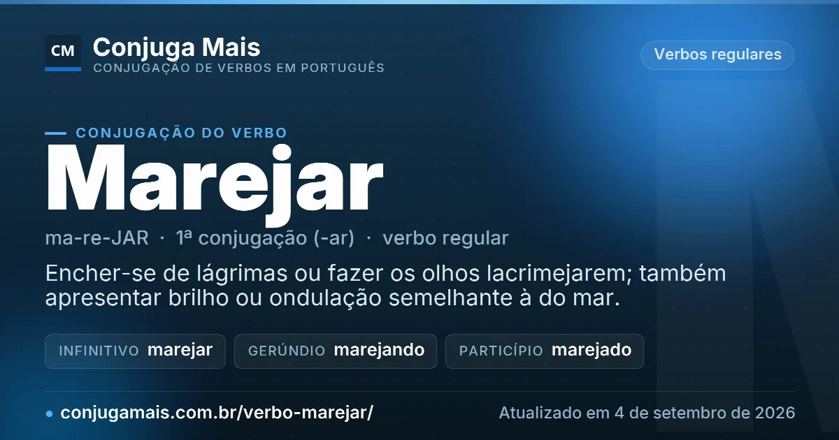 Cartão do verbo marejar com definição, formas principais, endereço da página e data de atualização.