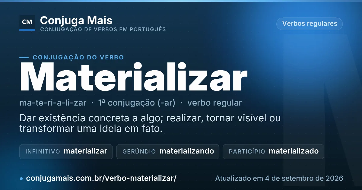 Cartão do verbo materializar com definição, formas principais, endereço da página e data de atualização.