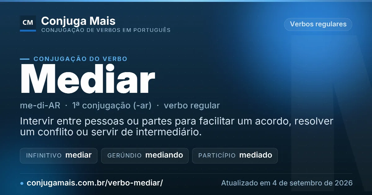 Cartão do verbo mediar com definição, formas principais, endereço da página e data de atualização.