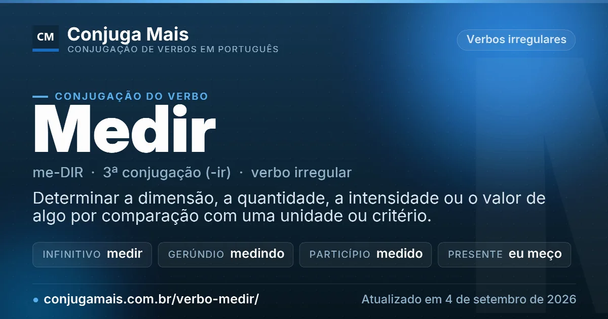 Cartão do verbo medir com definição, formas principais, endereço da página e data de atualização.
