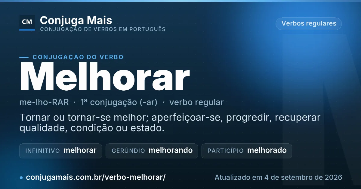 Cartão do verbo melhorar com definição, formas principais, endereço da página e data de atualização.