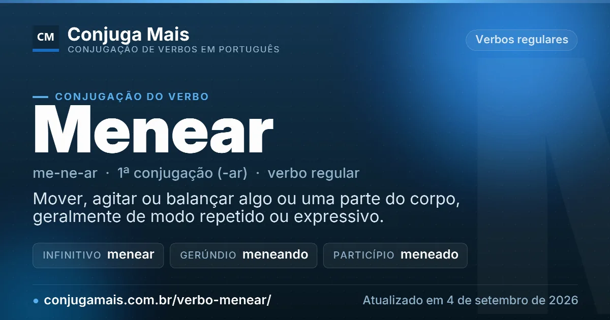 Cartão do verbo menear com definição, formas principais, endereço da página e data de atualização.
