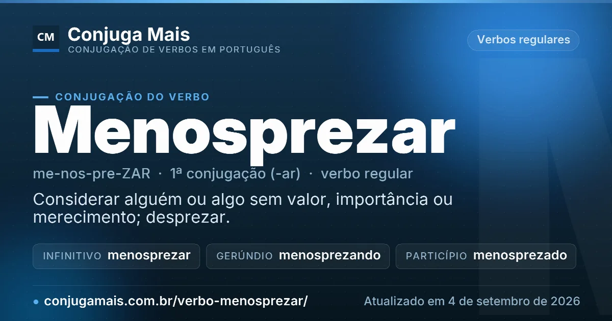 Cartão do verbo menosprezar com definição, formas principais, endereço da página e data de atualização.