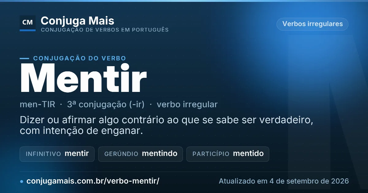 Cartão do verbo mentir com definição, formas principais, endereço da página e data de atualização.