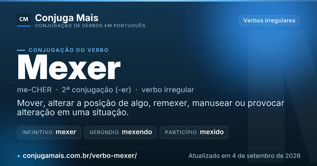 Cartão do verbo mexer com definição, formas principais, endereço da página e data de atualização.