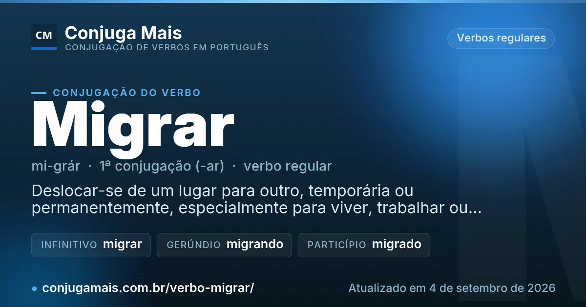 Cartão do verbo migrar com definição, formas principais, endereço da página e data de atualização.