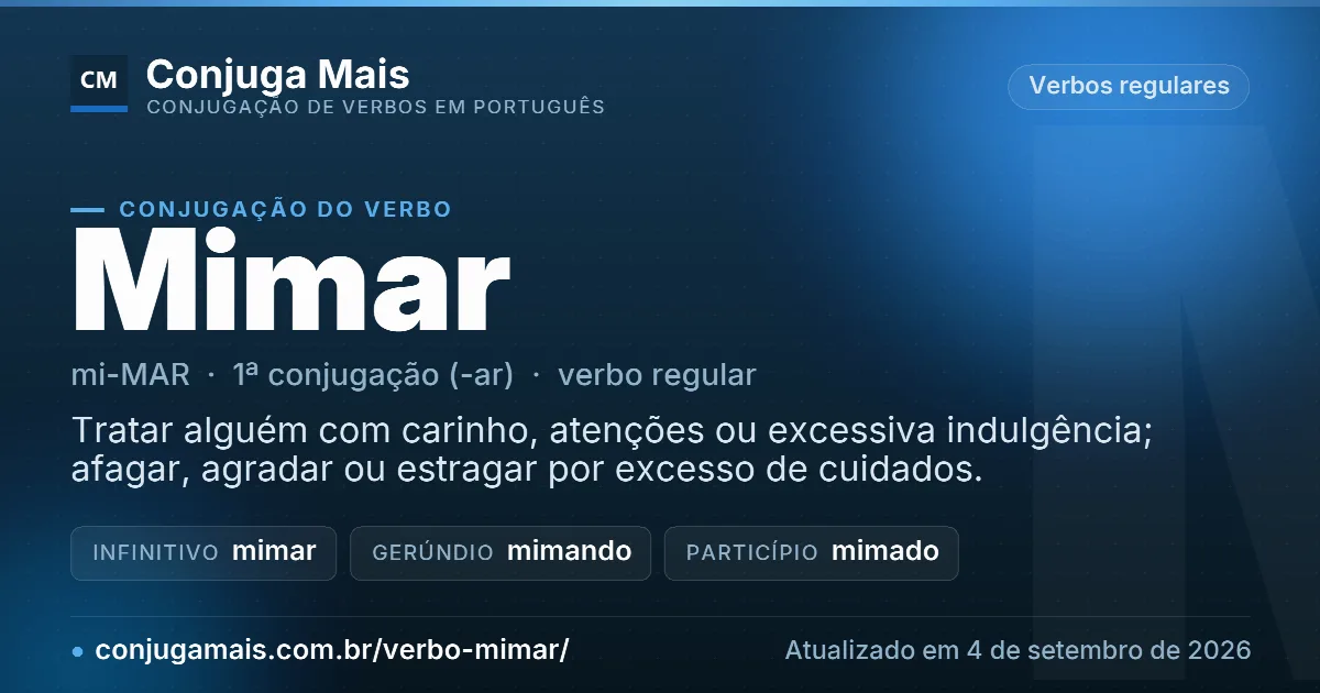 Cartão do verbo mimar com definição, formas principais, endereço da página e data de atualização.