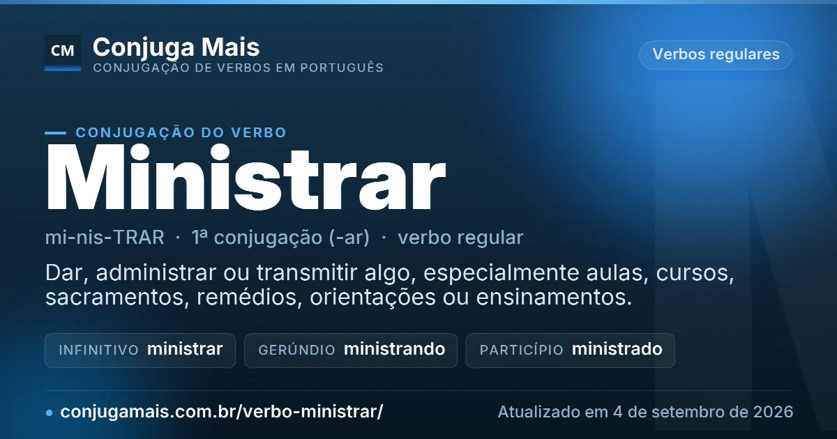 Cartão do verbo ministrar com definição, formas principais, endereço da página e data de atualização.