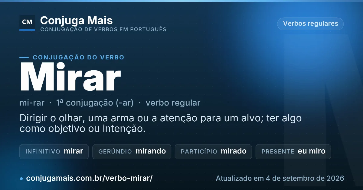 Cartão do verbo mirar com definição, formas principais, endereço da página e data de atualização.