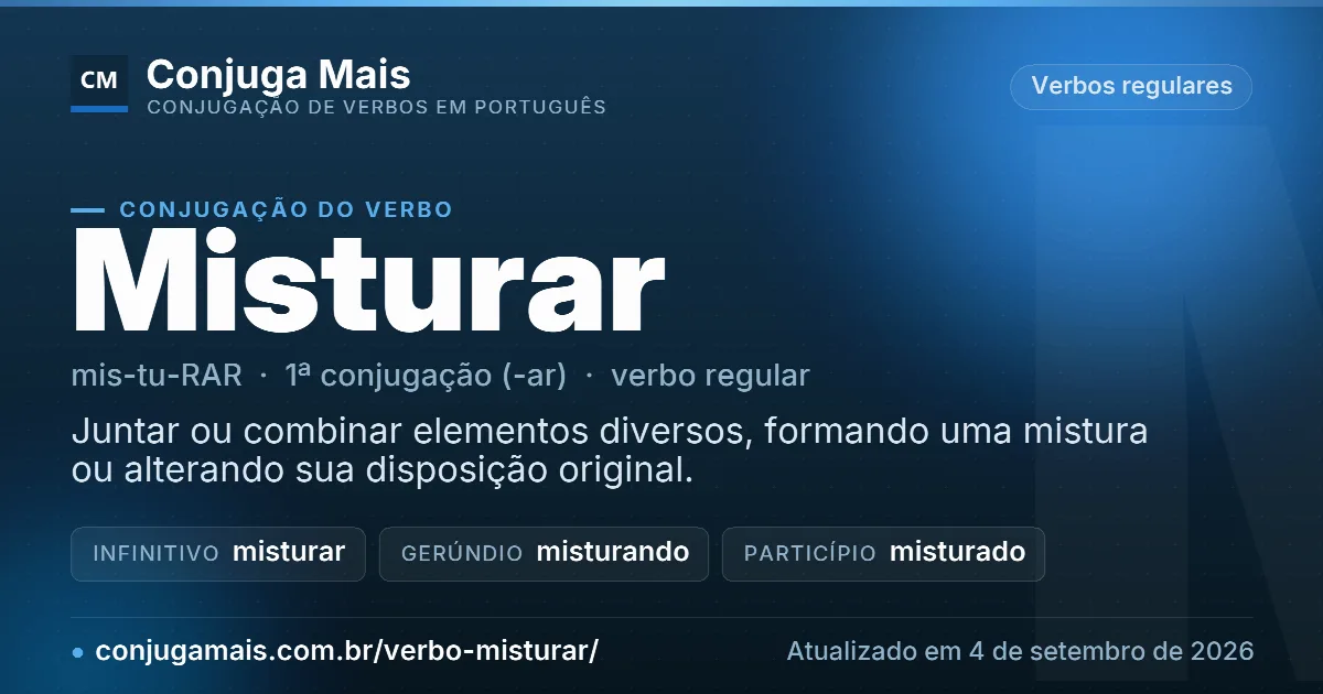 Cartão do verbo misturar com definição, formas principais, endereço da página e data de atualização.