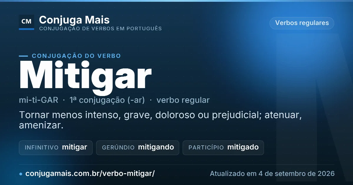 Cartão do verbo mitigar com definição, formas principais, endereço da página e data de atualização.