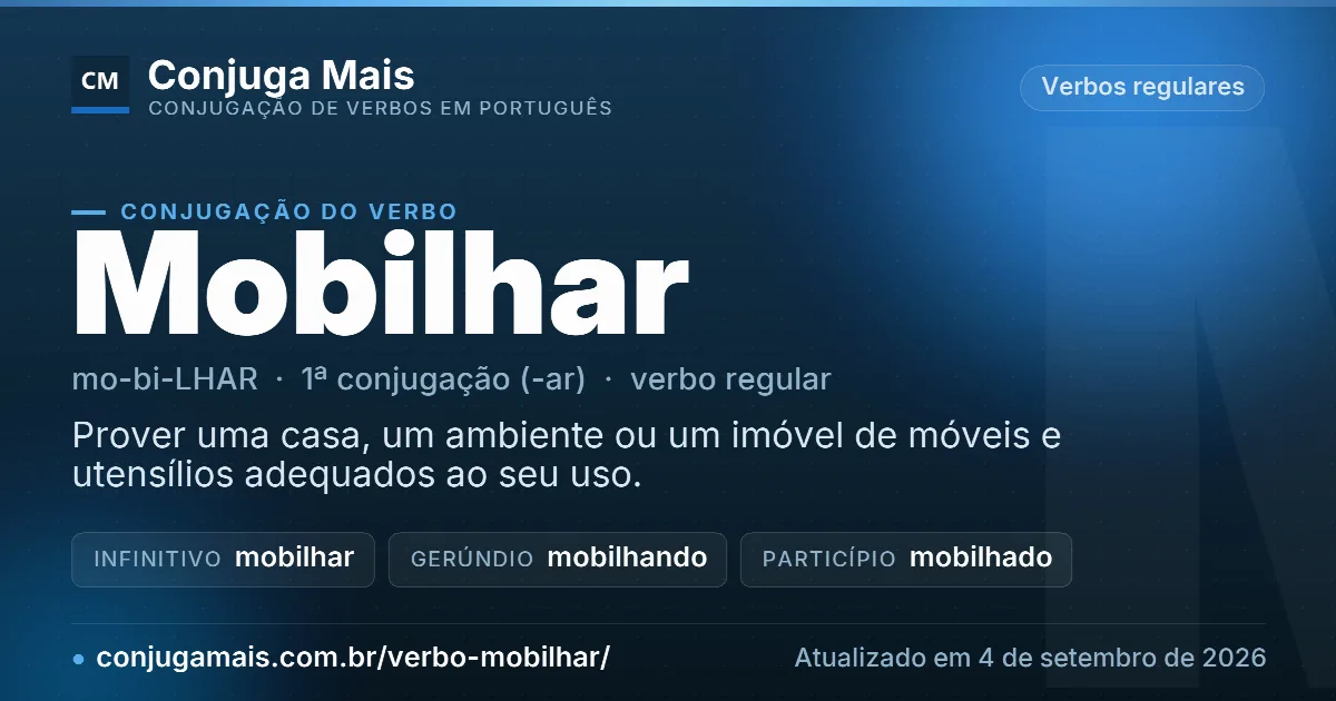 Cartão do verbo mobilhar com definição, formas principais, endereço da página e data de atualização.