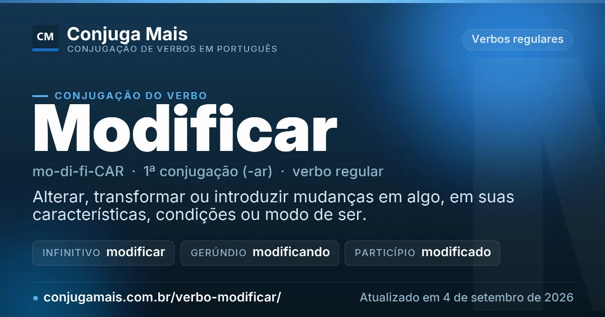 Cartão do verbo modificar com definição, formas principais, endereço da página e data de atualização.