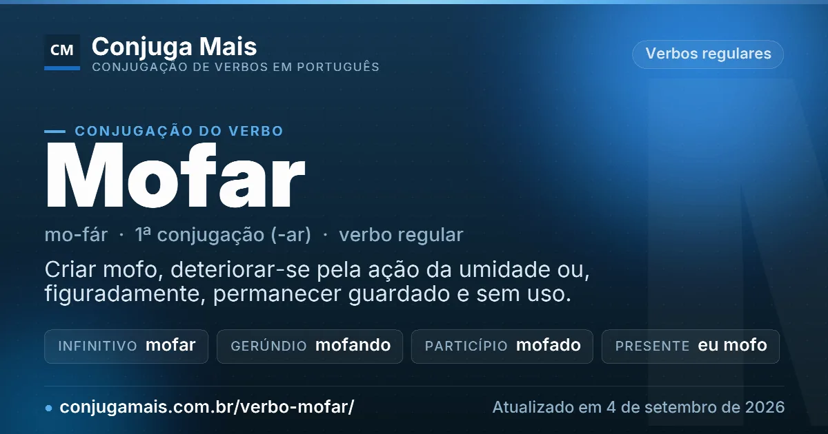 Cartão do verbo mofar com definição, formas principais, endereço da página e data de atualização.