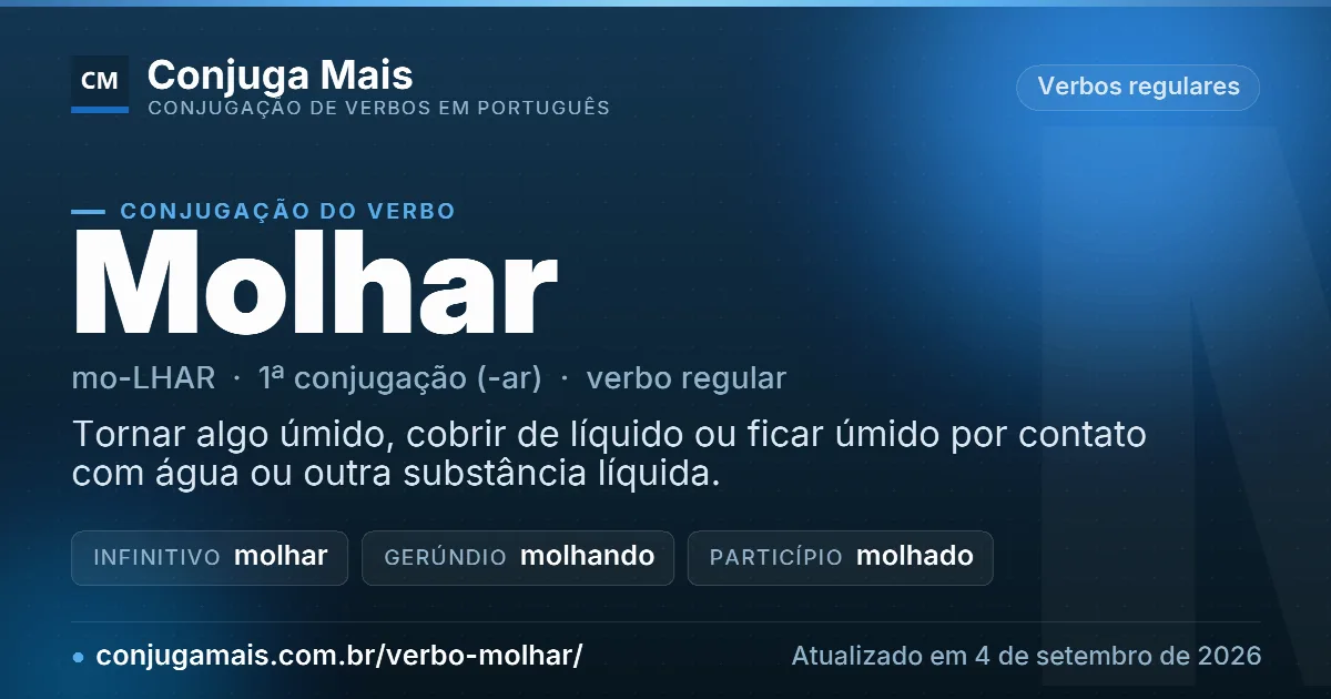 Cartão do verbo molhar com definição, formas principais, endereço da página e data de atualização.
