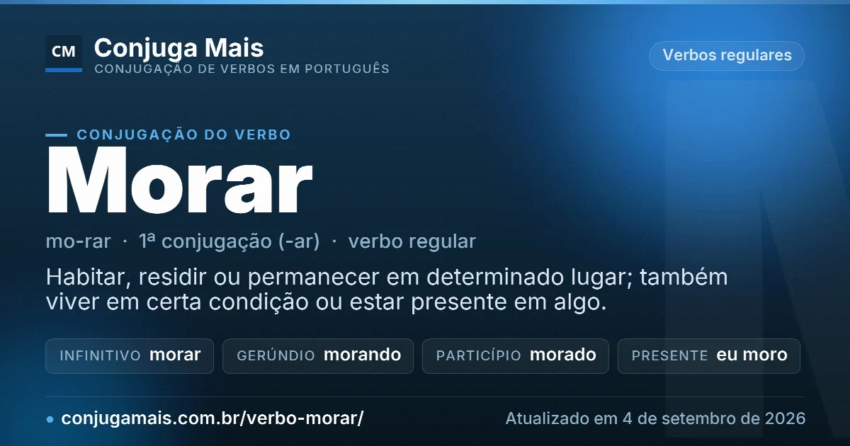 Cartão do verbo morar com definição, formas principais, endereço da página e data de atualização.