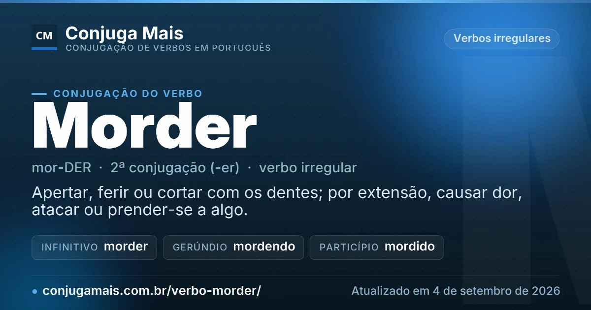 Cartão do verbo morder com definição, formas principais, endereço da página e data de atualização.