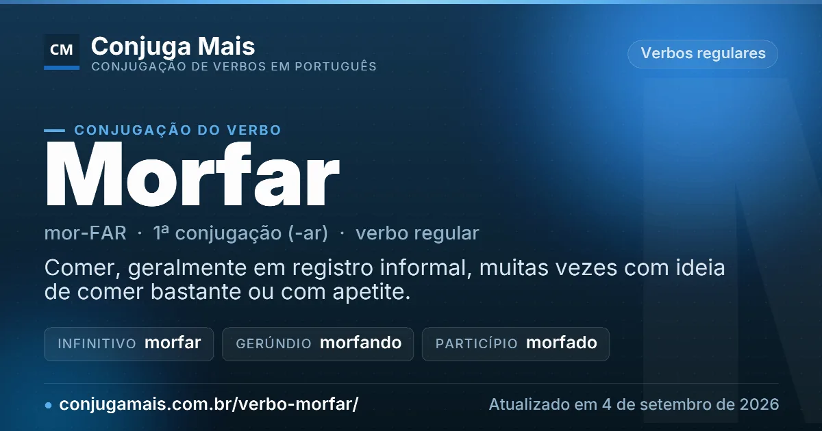 Cartão do verbo morfar com definição, formas principais, endereço da página e data de atualização.