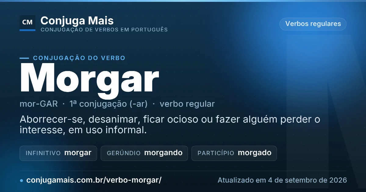 Cartão do verbo morgar com definição, formas principais, endereço da página e data de atualização.