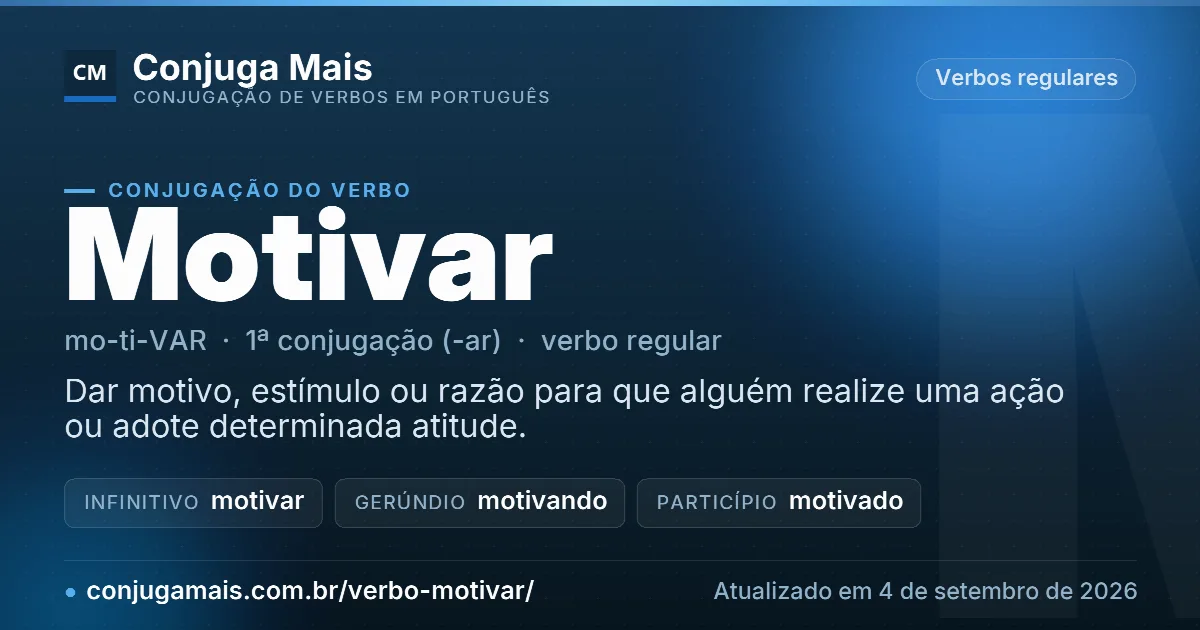 Cartão do verbo motivar com definição, formas principais, endereço da página e data de atualização.