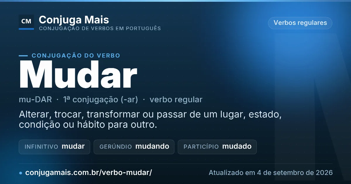Cartão do verbo mudar com definição, formas principais, endereço da página e data de atualização.