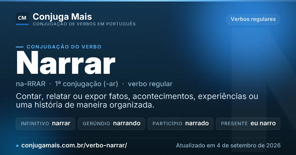 Cartão do verbo narrar com definição, formas principais, endereço da página e data de atualização.