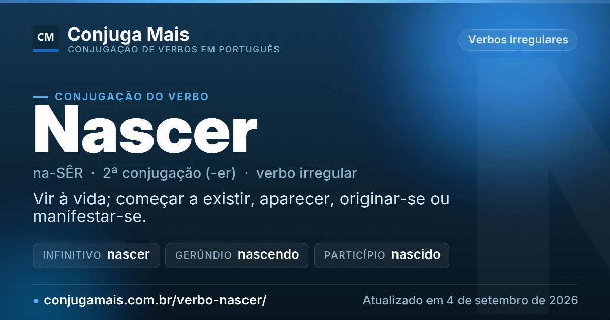 Cartão do verbo nascer com definição, formas principais, endereço da página e data de atualização.