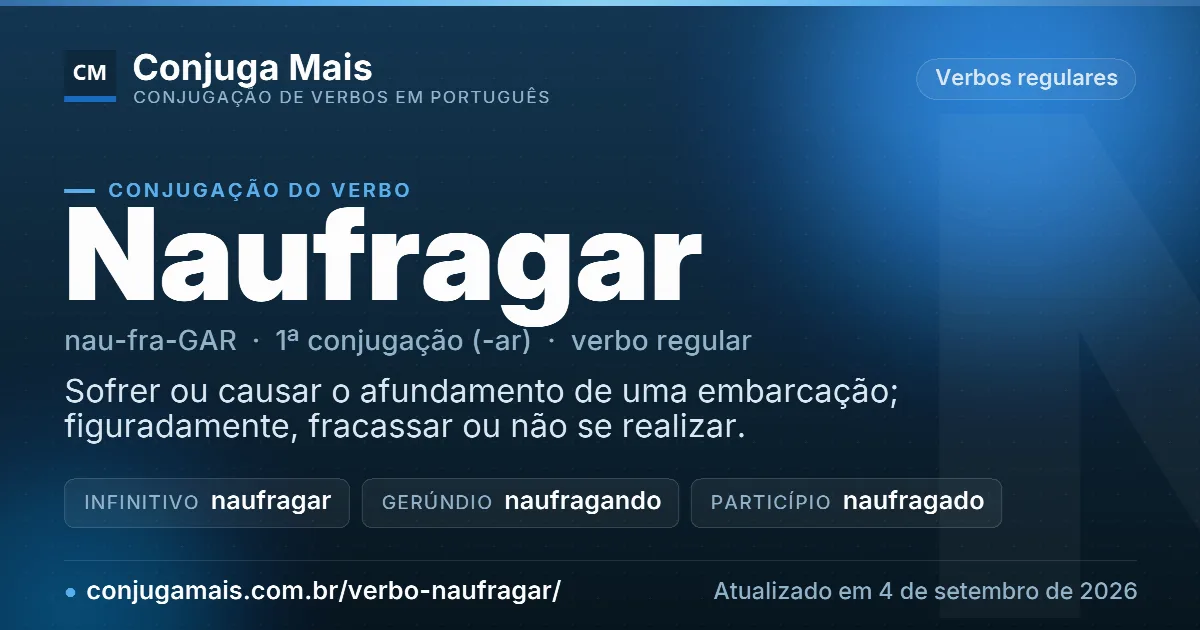 Cartão do verbo naufragar com definição, formas principais, endereço da página e data de atualização.