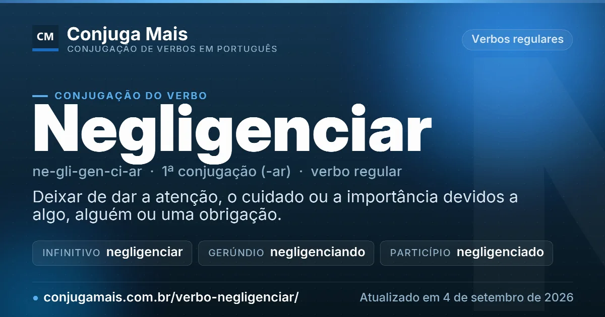 Cartão do verbo negligenciar com definição, formas principais, endereço da página e data de atualização.