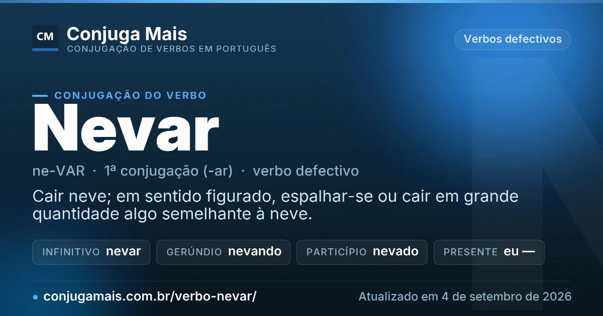 Cartão do verbo nevar com definição, formas principais, endereço da página e data de atualização.