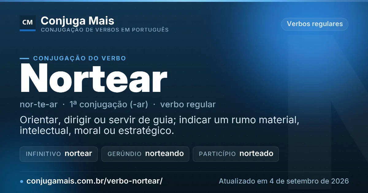 Cartão do verbo nortear com definição, formas principais, endereço da página e data de atualização.